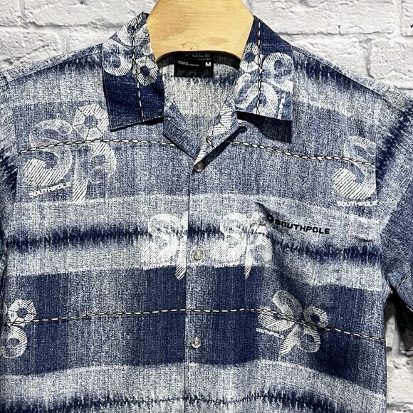 Vintage Y2K South Pole Men Logo‎ Blue Short Sleeve Hawaiian Shirt Size Medium - Picture 4 of 8
